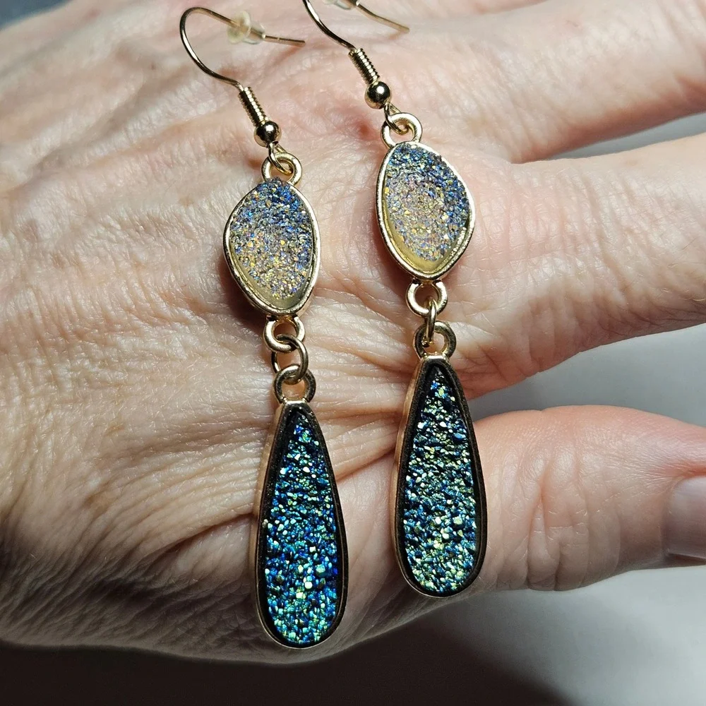 Faux Druzy Drop Earrings Womens OS Blue Green Gold Tone Iridescent Boho